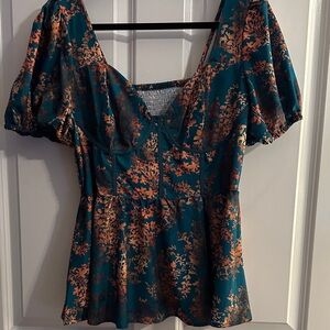 SHEIN Teal and Orange Floral Puff Sleeve Blouse